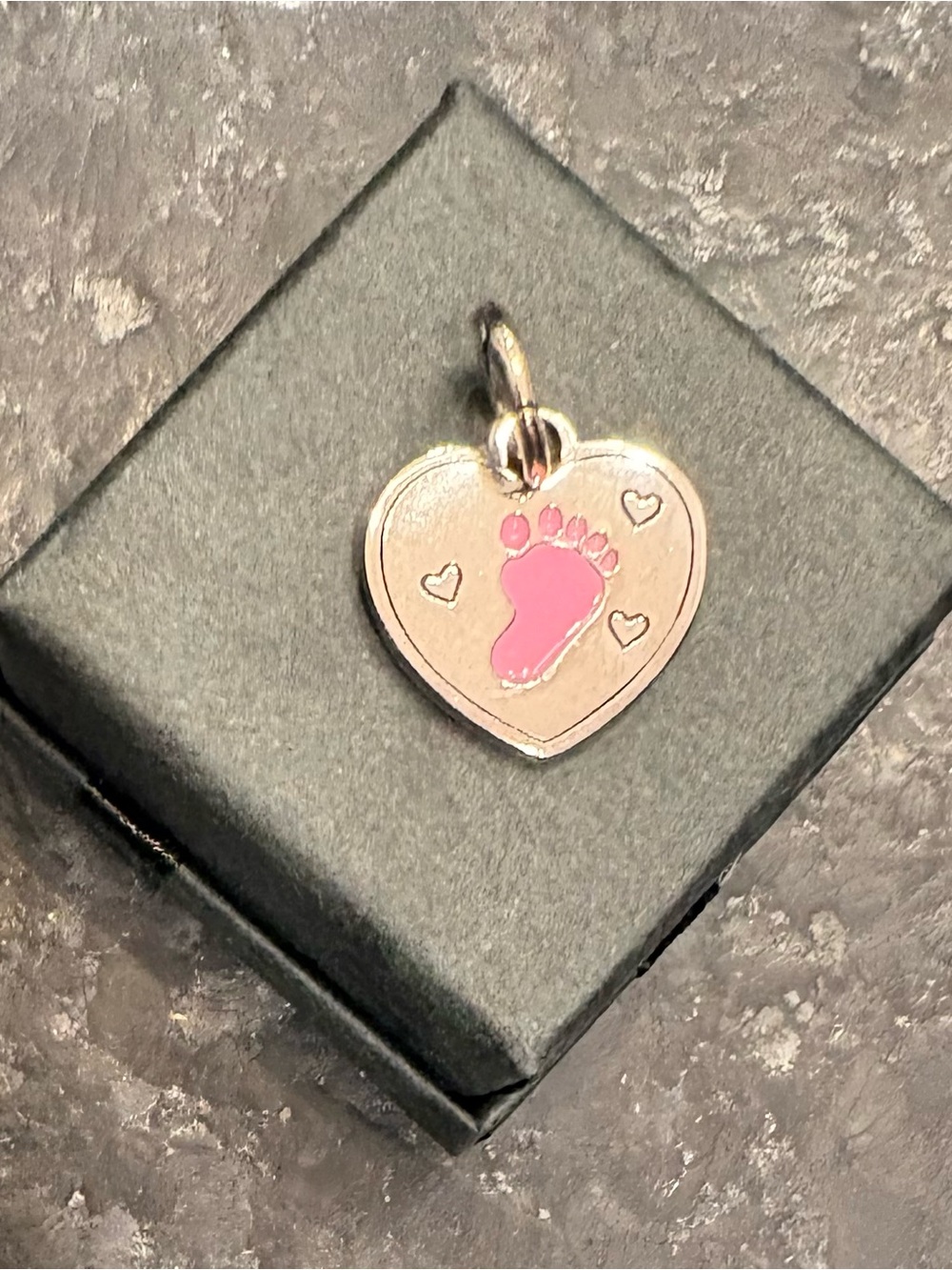 Stamped 925 Sterling Silver Heart Charm Pendant with Pink Baby Footprint